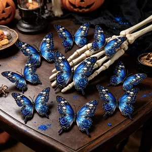 Gothic 3D butterflies with skull and rose patterns on a vintage Halloween wooden table