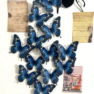 Gothic 3D wall decals featuring blue roses and skull patterns on butterfly wings