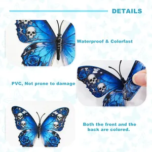 Detail showing 3D blue butterfly wall sticker with gothic skull and rose patterns