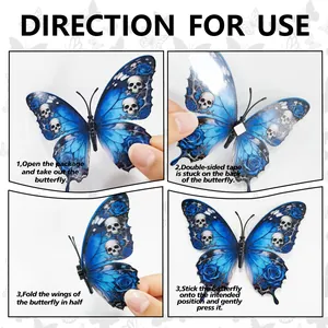 Detail showing 4-step installation of 3D gothic butterfly stickers with skulls and roses