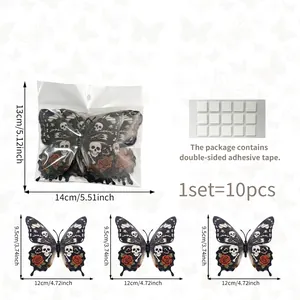 Product size chart for 10pcs 3D skull rose butterfly stickers with dimensions and tape