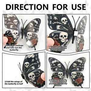 Instructional guide for applying 3D gothic butterfly wall stickers with skulls and roses