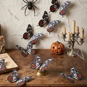 3D Halloween butterfly wall stickers with skull and rose patterns for festive decor