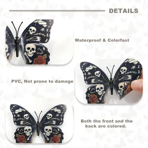 Macro detail of waterproof PVC skull rose butterfly stickers with durable double-sided printing