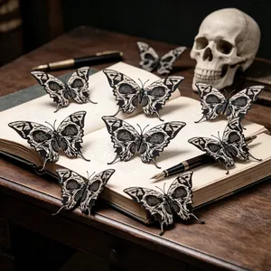 Detail of 3D skull and rose butterfly wall stickers on vintage books for Halloween decor