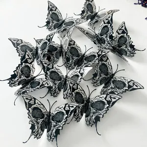 Gothic 3D butterfly wall stickers featuring black and white skull bone textures for Halloween