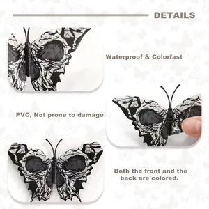Detail view of 3D Halloween skull butterfly stickers showing waterproof PVC material texture