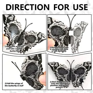 Step-by-step guide showing how to fold and apply 3D skull butterfly wall stickers for decor