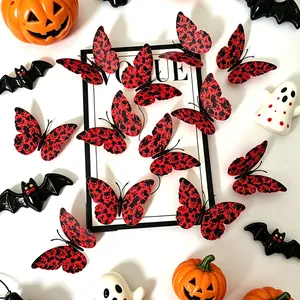 3D Halloween butterfly stickers with red and black skull patterns for wall decor