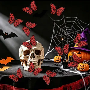 Close-up of 3D Halloween butterfly stickers featuring red and black skull rose patterns