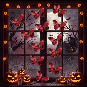 3D gothic butterfly wall stickers with red and black ink splash texture for Halloween decor