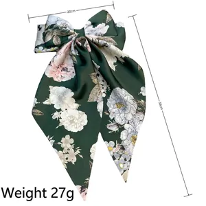 Dark green satin bow hair clip with floral pattern, 20cm large ribbon spring clip accessory