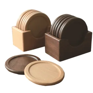 Set of 6 walnut and beech wood round coasters with minimalist storage box and natural grain
