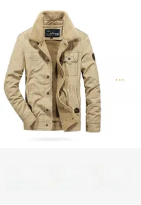 Detailed view of khaki men's winter jacket with thick sherpa collar and chest embroidery