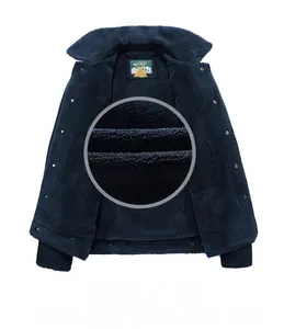 Detail view of men's navy winter jacket showing thick polar fleece lining and collar