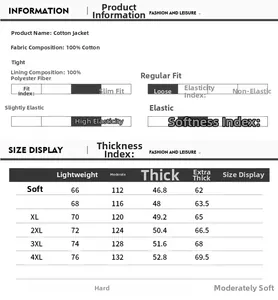 Detailed size chart and material information for men's winter thickened cotton coat