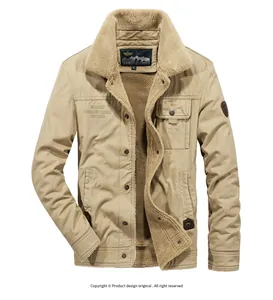 Detailed view of khaki fleece-lined jacket featuring a large collar and outdoor embroidery