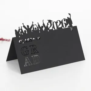Black 2026 graduation table card with laser-cut silhouettes and class of grad text