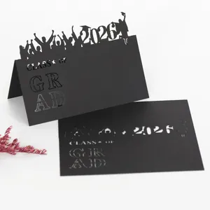 Black 2026 graduation table name place cards with laser cut student silhouettes for party