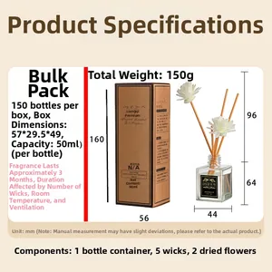 50ml reed diffuser set featuring glass bottle, 5 sticks and 2 sola flowers in a kraft box