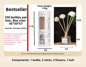 Detailed view of 50ml reed diffuser kit including glass bottle, sticks and sola flowers