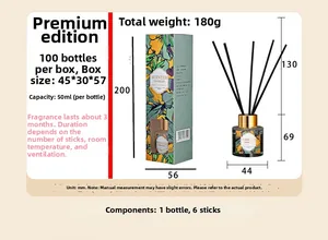 Detail showing a 50ml glass bottle with rattan sticks and tropical botanical pattern