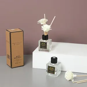 Detailed view of two 50ml glass aroma diffusers with elegant white flower fiber sticks