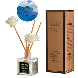 Modern 50ml reed diffuser set with glass bottle, wooden sticks and white flowers
