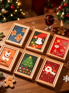 Detailed set of six Christmas ginger-man themed framed miniature holiday wall art decor