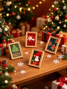Detailed close-up of 4-piece Christmas miniature frame set with festive resin embroidery motifs