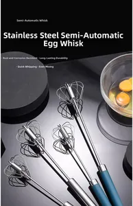 Detail view of semi-automatic stainless steel whisk with ergonomic blue handle