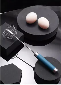 Detail of semi-automatic whisk with blue matte handle and stainless steel coil head
