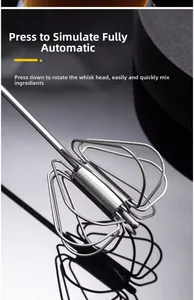 Detail of semi-automatic stainless steel whisk showing the gravity-press rotating mechanism