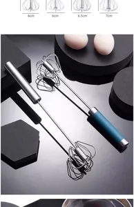 Macro detail of semi-automatic stainless steel whisk heads in 6cm and 7cm sizes