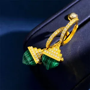 Elegant gold pyramid drop earrings with malachite gemstones and pavé crystals