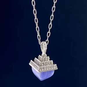 Silver pyramid necklace with diamond pavé and heart shaped blue lace agate pendant