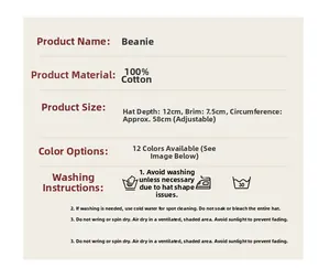 Size chart and care guide for adjustable 100% cotton baseball cap with dimensions