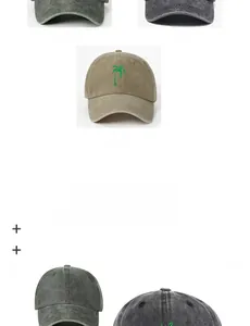 Detailed view of embroidery baseball caps in dark green, black and khaki cotton fabric