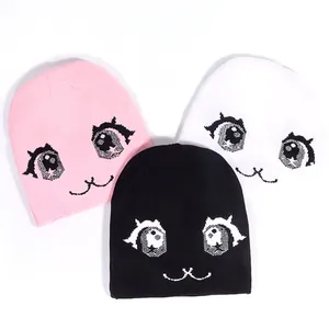 Cute cartoon eye jacquard knitted beanies in pink black and white colors for winter