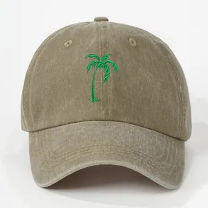 Classic washed cotton baseball cap in khaki with green palm tree embroidery detail