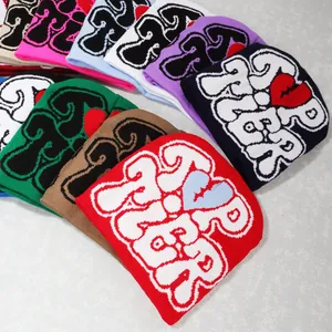 Y2K style knitted beanie hats with SP TIER graffiti and broken heart embroidery designs
