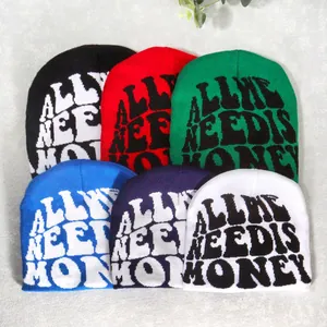 All We Need Is Money Letter Knitted Beanie Hat For Men Women Warm Winter Acrylic Streetwear Hip Hop Jacquard Skull Cap
