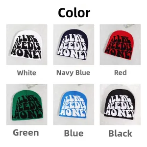 Grid display of six colorful knitted beanies with All We Need Is Money slogan embroidery