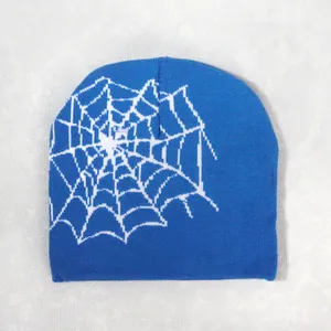 Detail of navy knit beanie featuring a white street-style spider web pattern