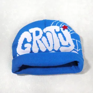 Detail of blue knit beanie featuring white GRITY graffiti text and spider web patterns