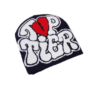 Y2K street style black beanie with white Top Tier text and red broken heart pattern