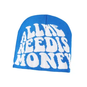 Bright blue beanie with ALL WE NEED IS HONEY white jacquard text for winter