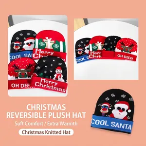 Christmas Knitted Beanie Hat Acrylic Warm Winter Cap Santa Reindeer Snowman Pattern Fold-over Cuff For Men Women Kids