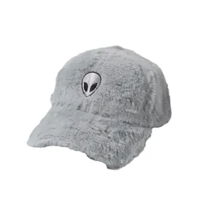 Grey plush baseball cap with alien embroidery and warm faux fur material for winter