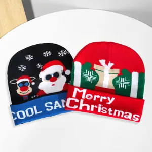 Christmas knitted beanies in red and black featuring Cool Santa and festive patterns